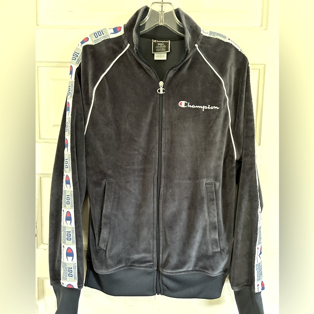 Champion Navy Velour Spell Out Down Arm, Full Zip Men's Track Jacket. Size Small